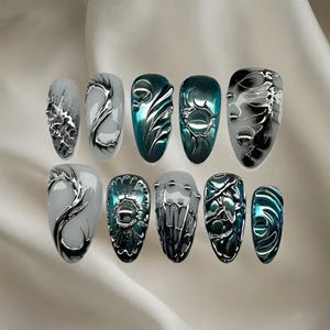 Handmade Abstract Chrome Press On Nails | Metallic Silver & Teal Gradient With 3D Sculpted Art | Nails For Futuristic Edgy Vibe
