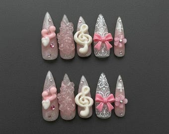 Pink Music Press On Nails Bow Soft Glam Kawaii Design