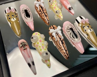 Y2K Gothic Kawaii Press On Nails | Eyeball, Bunny Mix | 3D Bows & Charms | Pink Black Long Stiletto Statement Set