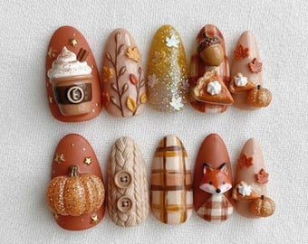 Handmade Autumn Fox Press On Nails | Pumpkins, Pie Slices & Knit Sweater Texture | Almond Nails For Cozy Fall Vibes