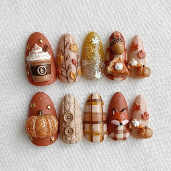 Handmade Autumn Fox Press On Nails | Pumpkins, Pie Slices & Knit Sweater Texture | Almond Nails For Cozy Fall Vibes