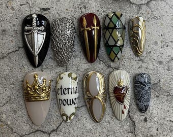 Dark Fantasy Royal Press On Nails Sword, Crown, Eternal Power for Bold Gothic Nail Art
