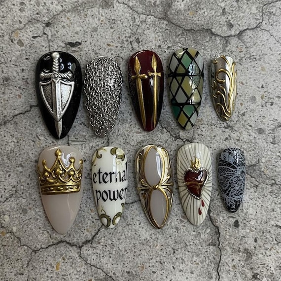 Dark Fantasy Royal Press On Nails Sword, Crown, Eternal Power for Bold Gothic Nail Art