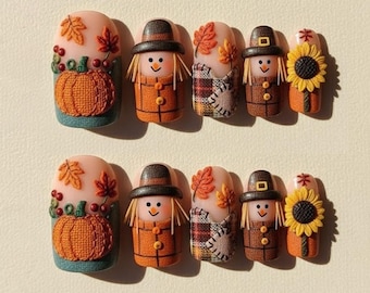 Handmade Thanksgiving Press On Nails | Scarecrow, Pumpkin, Sunflower & Autumn Leaves | Square Nails For Harvest Vibes