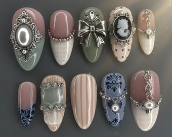 Vintage Cameo Press On Nails, Victorian Gothic Nails, Antique Frame Nail Set, Coquette French Tip Nails, Elegant Handmade Custom Nails