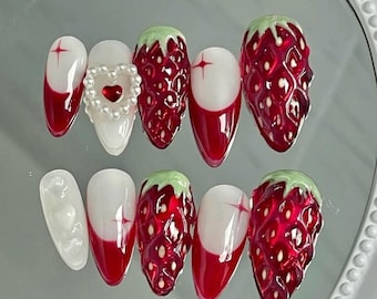 Handmade Juicy Strawberry Press On Nails | 3D Fruit Art, Heart Charm, Glossy Red Shine | For Sweet Valentine Vibe