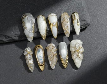 White Gold Floral Press On Nails Pearl Elegant Bridal Style