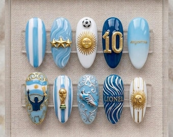 Argentina Football Press On Nails, Soccer Fan Nail Set, Blue White World Cup Inspired Nails, Sports Press Ons