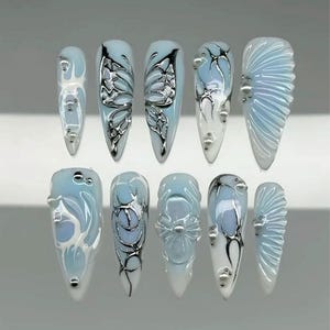 Handmade Metallic Butterfly Press On Nails | 3D Silver Chrome Wings, Ice Blue & White Gradient Design | Nails For Futuristic Vibe