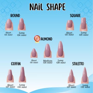 Pode incluir: Uma ilustra&ccedil;&atilde;o mostrando v&aacute;rias formas de unhas: redonda, quadrada, am&ecirc;ndoa, caix&atilde;o e estilete. Cada forma &eacute; exibida em comprimentos curtos e longos, com medidas em mil&iacute;metros. A imagem inclui o texto "NAIL SHAPE" e "BEST SELLER".