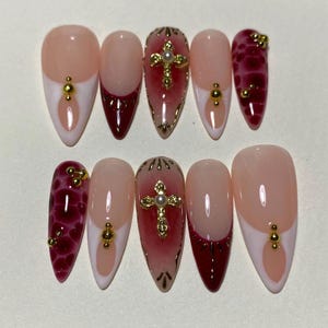 Handmade Pink and Burgundy Press On Nails | French Tips with Gold Cross Charms and 3D Reptile Texture | Stiletto Nails for Luxe Glam Look