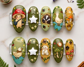 Handmade Cottagecore Forest Press On Nails | Mushroom, Duck & Woodland Animal Art | Glossy Green Nails For Cozy Nature Vibe