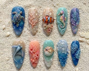3D Ocean Press On Nails, Sea Turtle Clownfish Seahorse Coral, Under The Sea Bubble Water Drop Mermaid Nails