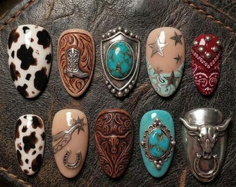 Western Cowgirl Press On Nails, Türkis Cowboy Nägel, Rodeo Inspirierte Nägel, Country Western Nägel, Rustikale Kuh Print Nägel, Luxuriöse 3D Nägel