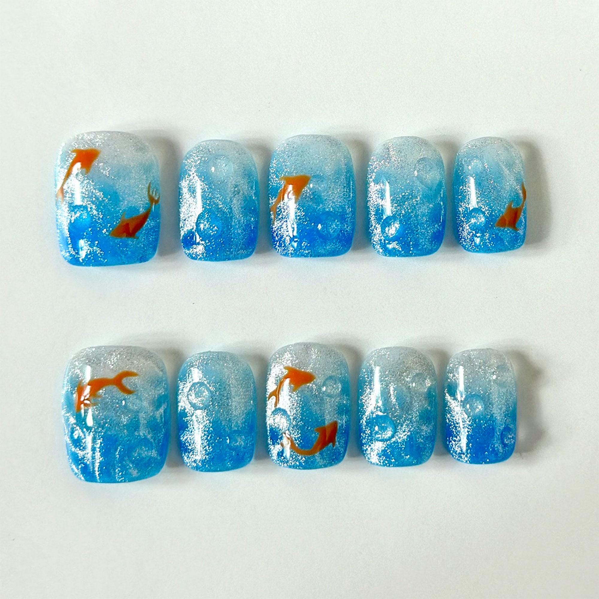 Handmade Goldfish Ocean Press On Nails | 3D Water Bubble Effect | Blue Glitter Short Square Nails for Summer Beach Lovers