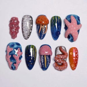 Deep Sea Creature Press On Nails | 3D Jellyfish, Starfish, Coral & Tentacle Sculpted Nail Art | Handmade Ocean Fantasy Set