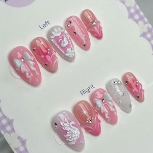 Handmade Pink Swan and Bow Press On Nails | 3D Swan, Ribbons & Sparkle Accents | Almond Nails for Princess Vibes