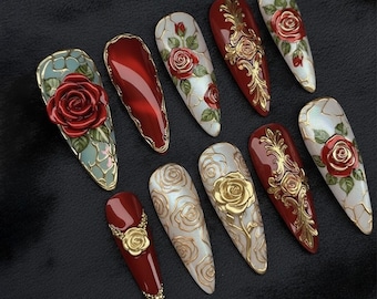 Handmade Elegant Gothic Rose Press On Nails | Red & Gold 3D Floral Design | Long Nails For Romantic Vintage Vibe