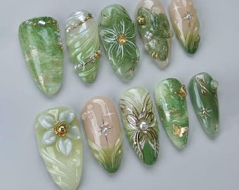 Handmade Green Floral Press On Nails | 3D Flowers, Pearls & Butterfly Accents With Marble Effect | Nature Garden Vibe