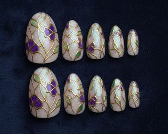 Handmade Stained Glass Press On Nails | Purple Floral, Gold Outline & Shimmer Art | Almond Nails For Artistic Elegant Vibe