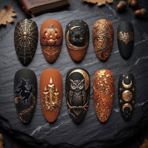 May include: A set of ten almond-shaped press-on nails featuring intricate Halloween-themed designs in black, orange, and gold. Patterns include a spider web, a jack-o'-lantern, a black cat with a crescent moon, ornate scrolls, a bat, a witch, candles, an owl, autumn leaves with acorns, and moon phases.