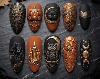 Faux ongles gothiques faits main pour Halloween | Citrouille, chat noir, hibou, sorcière | Ongles en amande pour une ambiance automnale sombre