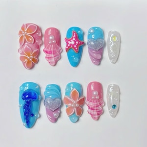 Handmade Ocean Fantasy Press On Nails | 3D Starfish, Jellyfish & Pearl Charms | Pink Blue Mermaid Summer Nails | Cute Gift for Her
