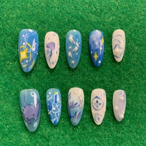 Handmade Ocean Fantasy Press On Nails | Blue Jellyfish, Coral Reef & Starfish Art | Nails For Undersea Mermaid Vibe