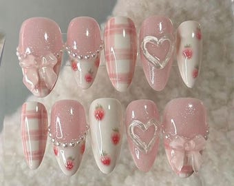 Pink Strawberry Heart Press On Nails | 3D Bows, Pearls & Plaid Accent | Soft Glossy Almond Nails | Handmade Cute Set