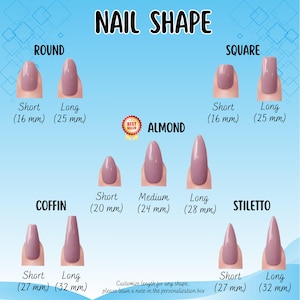 May include: A diagram illustrating various nail shapes: round, square, almond, coffin, and stiletto. Each shape is shown in short and long lengths, with measurements in millimeters. The text "NAIL SHAPE" is at the top.