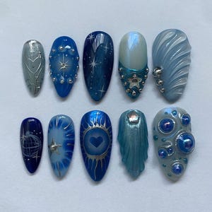 Cosmic Star Galaxy Press On Nails, 3D Heart, Star, Planet And Crystal Bubble Art, Metallic Blue Green Nails For Celestial Space Vibe