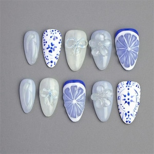 Handmade Blue Floral Press On Nails | 3D Citrus Slices, Porcelain Patterns & Clear Flowers | White Nails For Elegant Summer Vibe