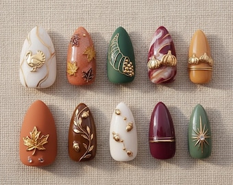 Handmade Thanksgiving Press On Nails | Pumpkins, Cornucopia, Maple Leaves & Acorns | Almond Nails For Autumn Vibes