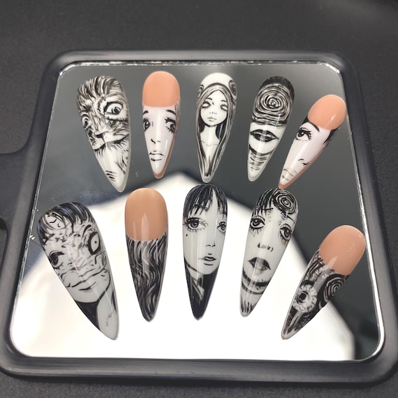 Handmade Creepy Line Art Press On Nails | Spiral Eyes, Surreal Faces, Black Ink Style & Chilling Details | Long Nails For Halloween Vibe