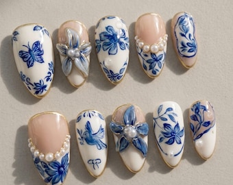 Blue Floral Press On Nails, Porcelain Inspired Nail Set, Elegant Pearl Flower Custom Nails