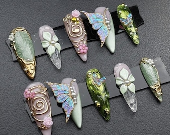 Floral Butterfly Press On Nails Green Purple Pearl Gold Nail Art Spring Set