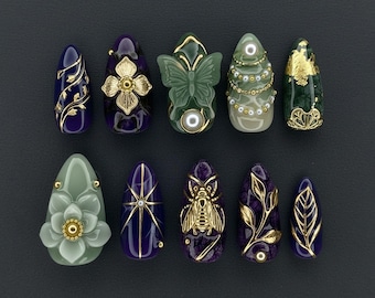 Handmade Press On Nails | Purple Green With Butterfly, Bee & Floral Gold Accents | Luxury Nature Nail Art