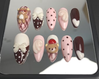 Handmade Cute Bear Press On Nails | 3D Teddy Charms, Polka Dots, Bows & Sweet Pastel Brown Pink Design | Nails For Kawaii Vibe