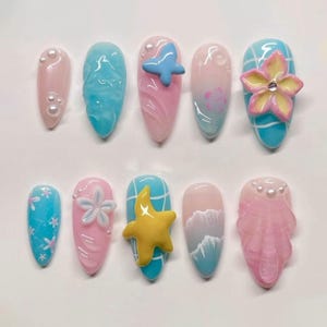 Handmade Summer Beach Press On Nails | 3D Starfish, Shell, Hibiscus & Ocean Wave Art | Oval Nails For Tropical Vacation Vibe