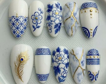 Blue Porcelain Press On Nails White Ceramic Floral Marble Gold Detail Elegant Luxury Handmade Nail Set