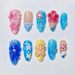 Tropical Summer Press On Nails | 3D Hibiscus Flower & Ocean Wave Designs | Colorful Beachy Nail Art | Handmade Vibrant Vacation Set