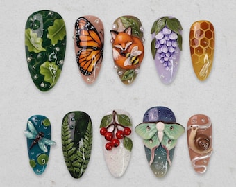 Handmade Press On Nails | Nature Inspired Fox, Butterfly & Forest Design | Woodland Animal Nail Art