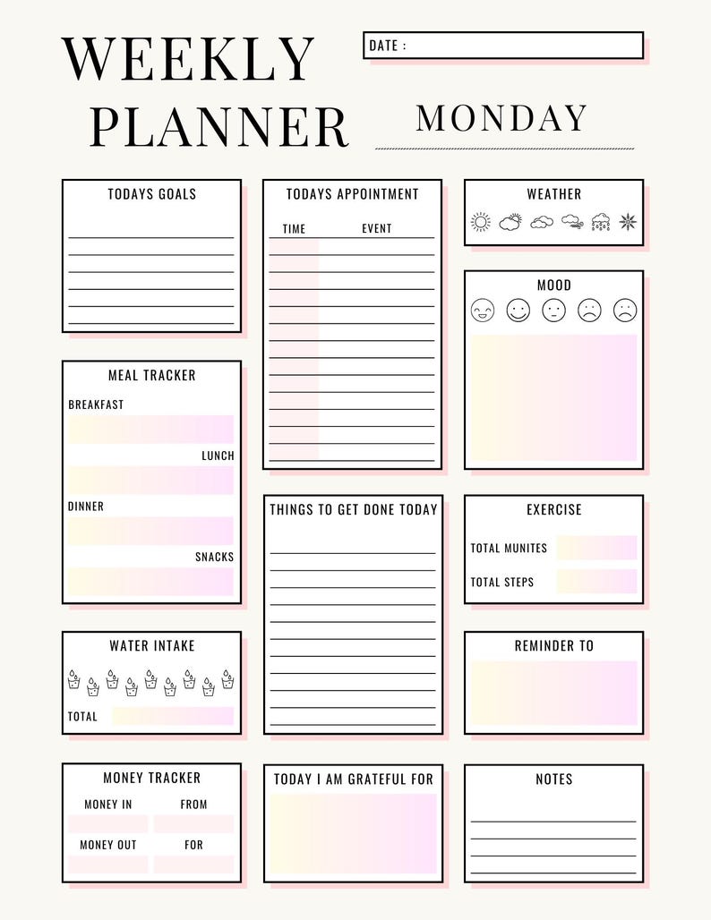 Planner Includes Weekly Planner Printable 8.5x11 | Minimal Self Care & Productivity ...