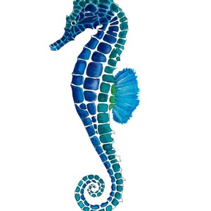 May include: A blue and green watercolor painting of a seahorse. The seahorse is facing the right side of the image and has a blue fin on its back.