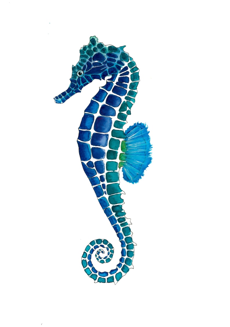 May include: A blue and green watercolor painting of a seahorse. The seahorse is facing the right side of the image and has a blue fin on its back.