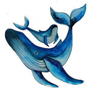 May include: A watercolor painting of a blue whale and a smaller blue whale calf swimming together. The whales are painted in shades of blue and gray, with white highlights.