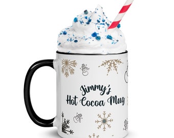 Custom Hot Cocoa Mug for hot chocolate lover, Snowflake and snowman graphic, Camper gift for child, Personalized family winter Home Decor