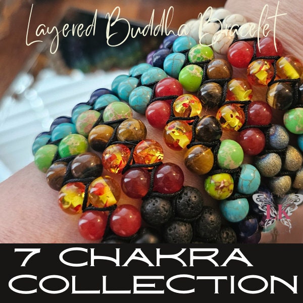 Layered Buddha Bracelet Adjustable Lanyard 8mm 7 Chakra Stone Theme Jewelry Quality Gift for Him Gift For Her Boho Vibe