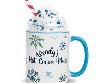 Personalized Hot Cocoa Mug for hot chocolate lover, Birthday gift for kid or teen, Snowflake and snowman graphic, Custom Camper Gift