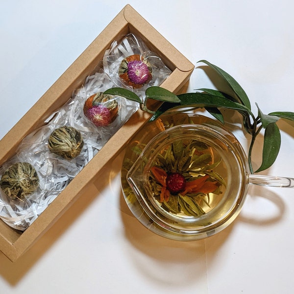 Blooming Tea 4 Pack - Flowering Tea- Tea gift Set-  2pk Pink Amaranth Lily & Jasmine Calendula Green Tea -Flowering Tea Set - Artisan Tea